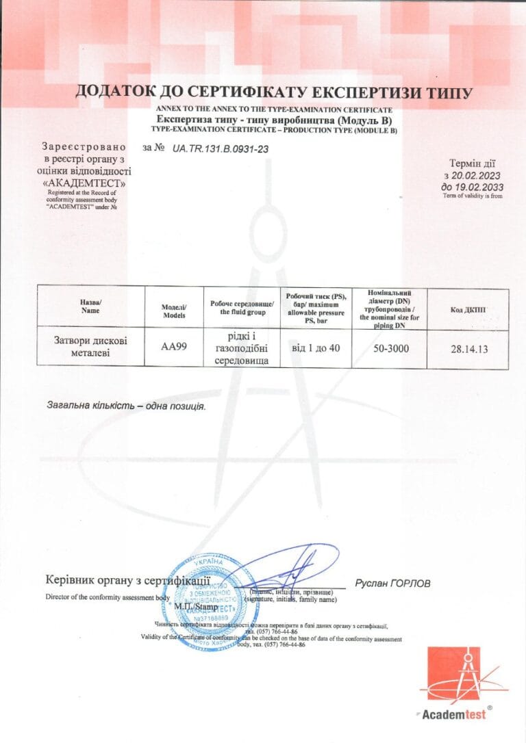 Сертифікат Експертизи типу затвори дискові